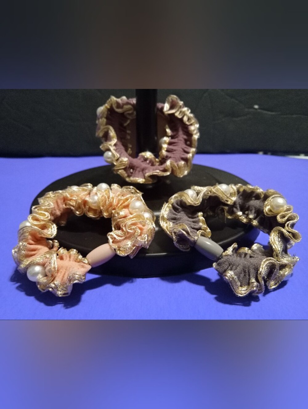 Elegant Ruffle Pearl Hair Scrunchie - Pink & Gray (Set of 3)
